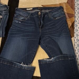 Blue Flare Wide Leg Jeans with Distressed Details